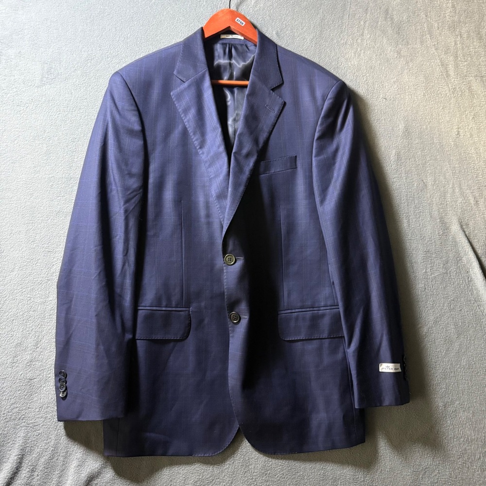 Peter Millar Mens 44R Navy Blue Wool Windowpane Plaid Two Button Sport Coat